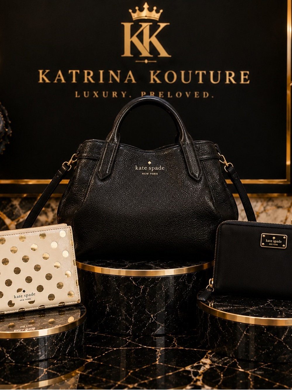 Kate Spade New York 3 Piece Black Satchel Wallet Gold Polka Dot Pouch Bundle